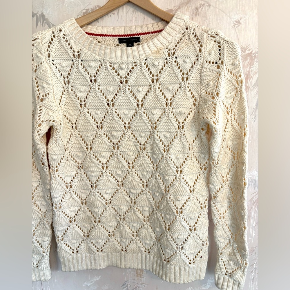 Tommy Hilfiger Cream Open Knit Diamond Pointelle Pom Pom Sweater SP - Picture 7 of 8